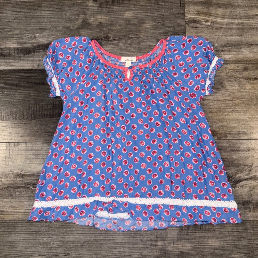 Matilda Jane Girls XS Blue Floral Boho Peasant Top Lace Trim Tunic